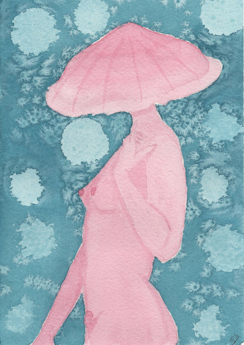 Pink Cap Lady original watercolor painting 5x7 matted and framed to 8x10