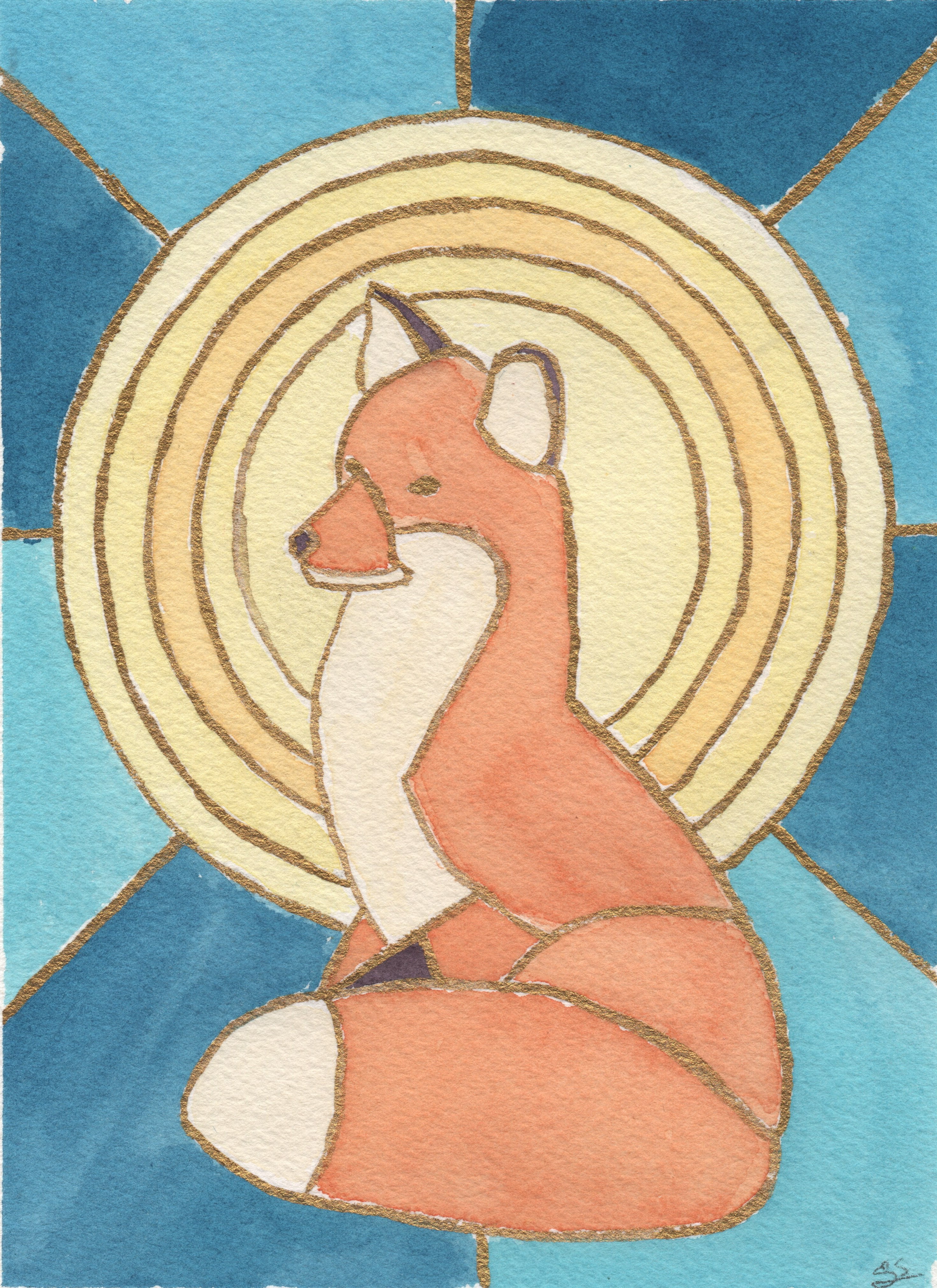 Sun Fox original watercolor painting 5x7 matted and framed to 8x10