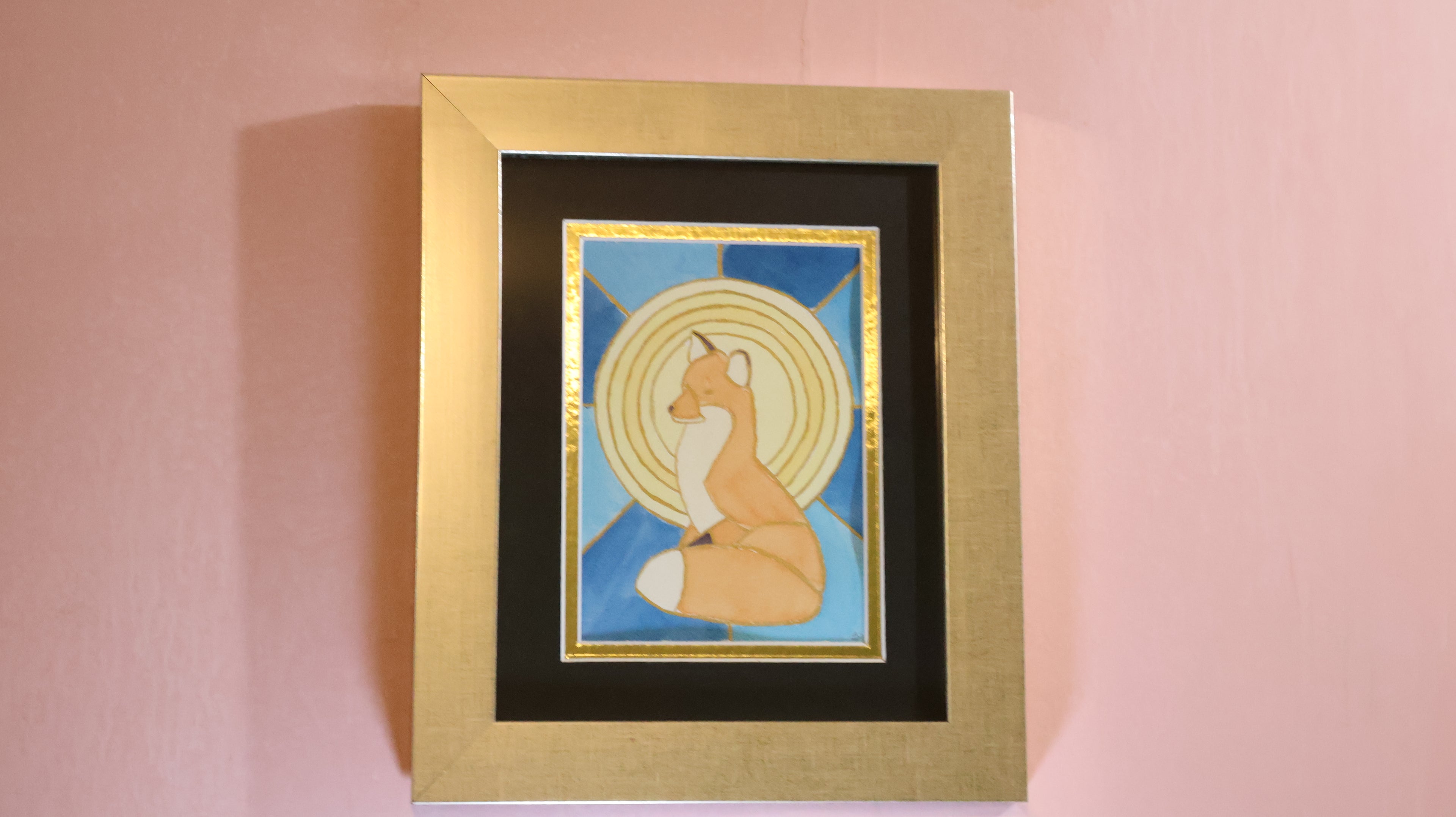 Sun Fox original watercolor painting 5x7 matted and framed to 8x10