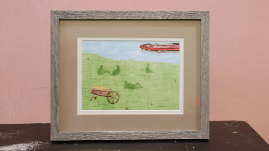Canal Boat Wheelbarrow original watercolor painting 7x5 matted and framed to 10x8